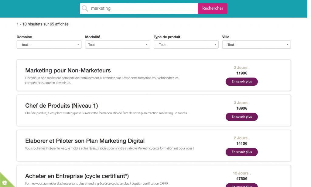 Course search results screen