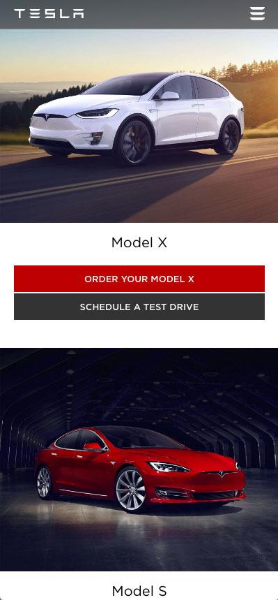 Tesla responsive Drupal website home page screenshot when viewed on mobile